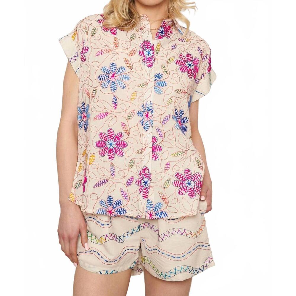 NEW EN CREME embroidered short sleeve button down shirt in white multicolor